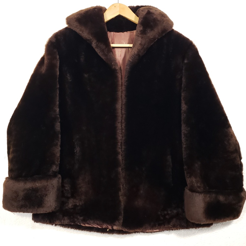 Vintage Fur Coat Women Large Brown Sheared Beaver Mid Length Cuffed Sleeve